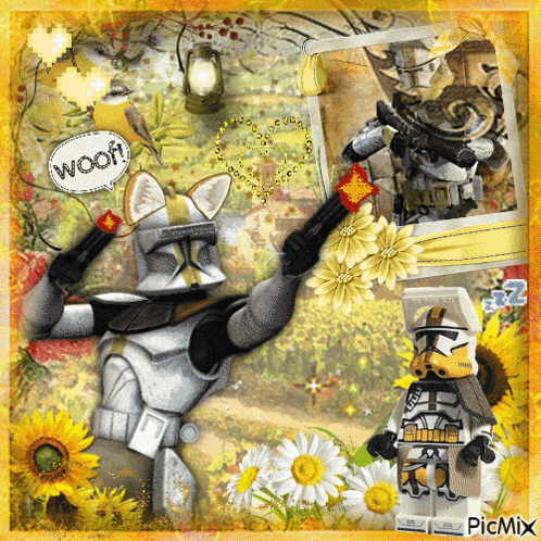 a picture of a stormtrooper holding a flower with a speech bubble that says woof on it