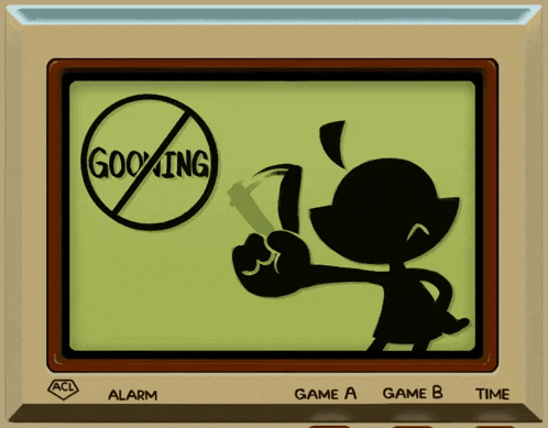 a screen with a cartoon character and a sign that says no gooking