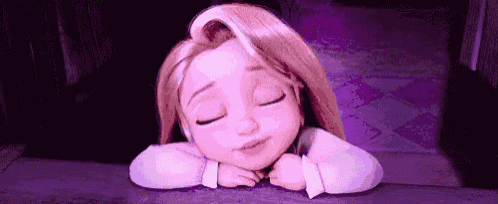 a cartoon girl is sleeping with her head on her hands .
