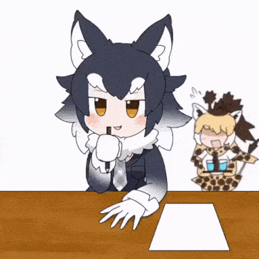 a cartoon of a wolf and a giraffe sitting at a table .