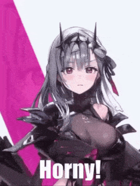 a girl with horns on her head is standing in front of a pink background and says horny .