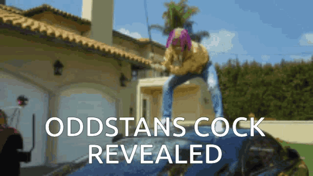 a man with pink hair is standing on top of a car with the words " oddstons cock revealed " on the bottom
