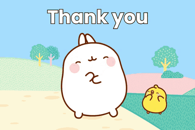 a thank you card with a cartoon bunny holding a yellow chicken