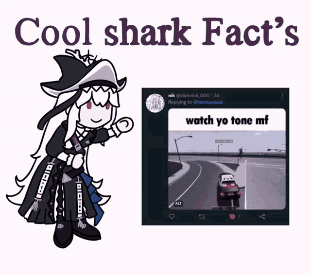 a cartoon of a witch next to a twitter post that says cool shark facts