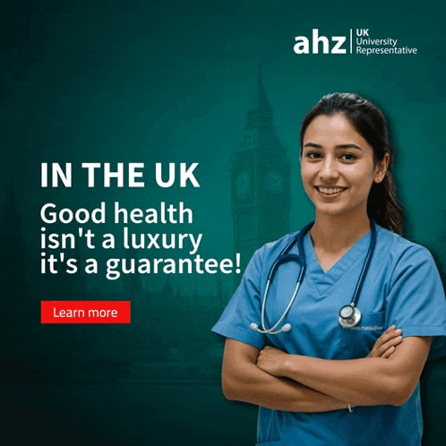 an advertisement for ahz uk university representative shows a nurse