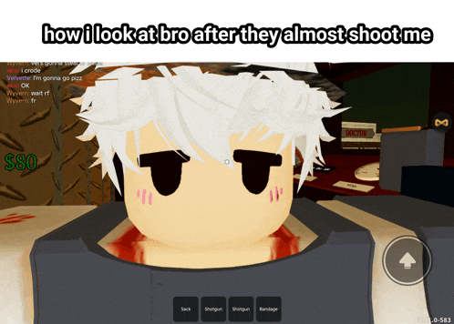 a screenshot of a video game with the words how i look at bro after they almost shot me