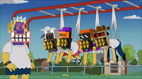 a group of cartoon characters are hanging upside down on a monkey bars in front of a globe building