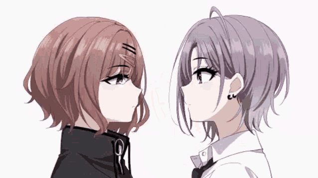 two anime girls are standing next to each other on a white background .