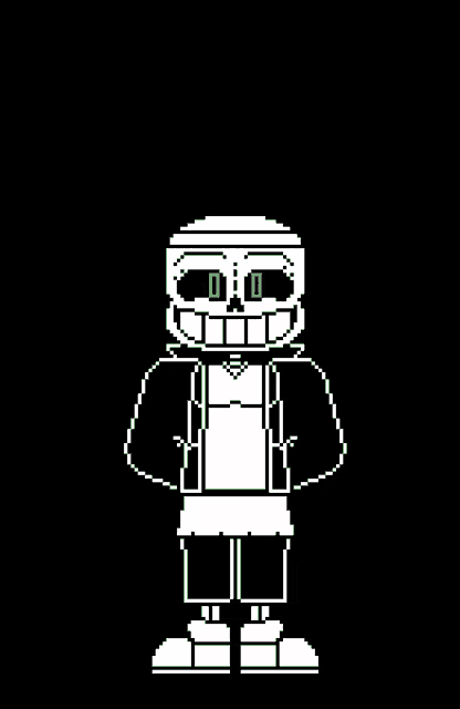 a pixel art drawing of sans from undertale with green eyes and a black background .