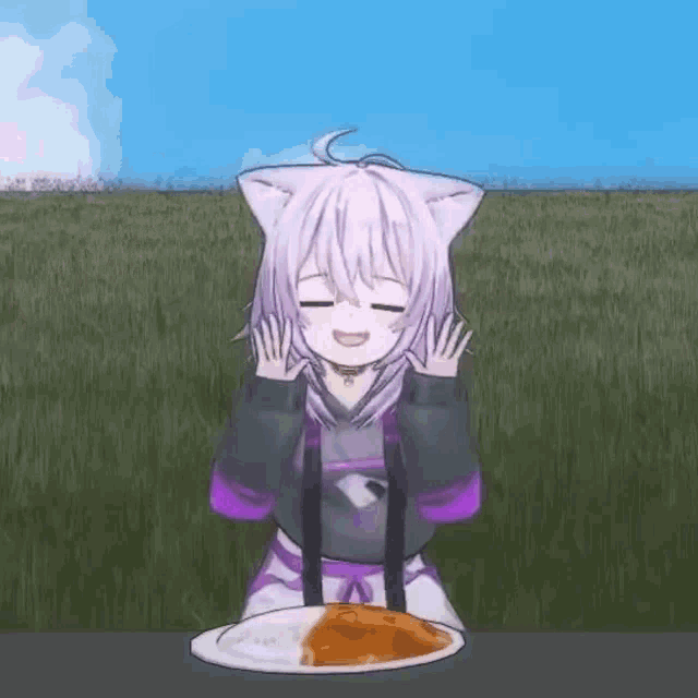 a cat girl is sitting at a table eating a plate of food .