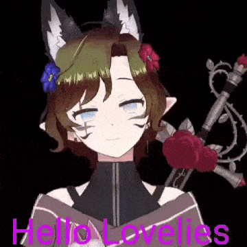 a cartoon girl with a sword and flowers in her hair is smiling and says hello lovelies .