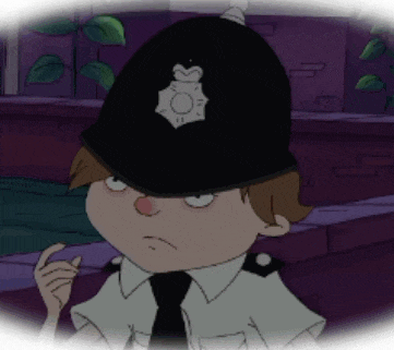 a cartoon character is wearing a police uniform and helmet