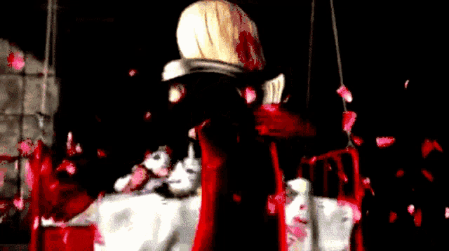 a painting of a person in a white hat with blood on it