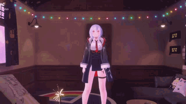 a girl in a video game is standing in a room with a sign that says ine