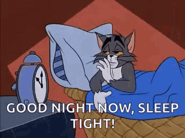 a cartoon cat is laying in bed with a pillow and an alarm clock .