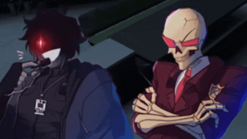 a cartoon of a man and a skeleton with a name tag that says ' s.t.p. '