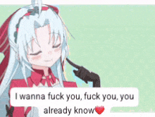 a girl with white hair and a red dress says i wanna fuck you