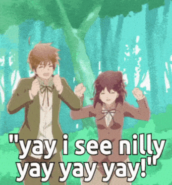 a boy and a girl are dancing in a forest with the words " yay i see nilly yay yay yay "