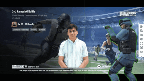 a loading screen for battlegrounds mobile india shows a man standing in front of a football field