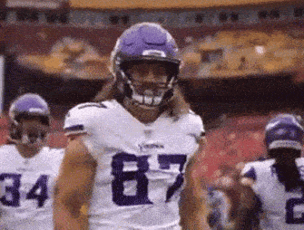 a football player wearing a purple helmet and number 87 on his jersey is standing in a stadium .