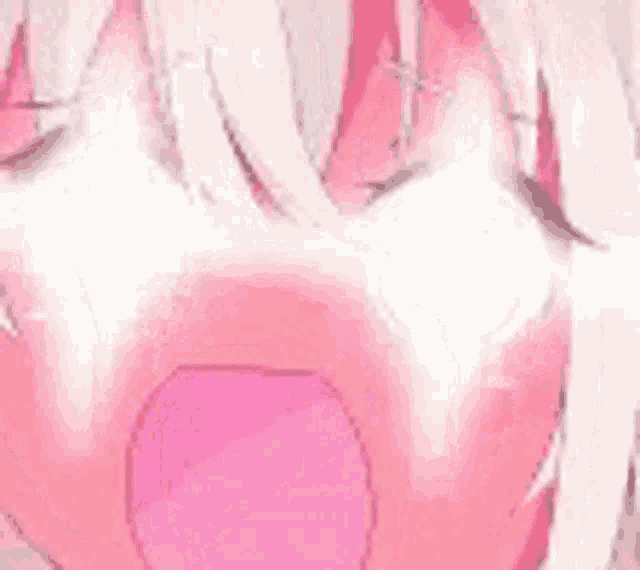 a close up of a pink anime girl 's face with a glowing light coming out of her eyes .