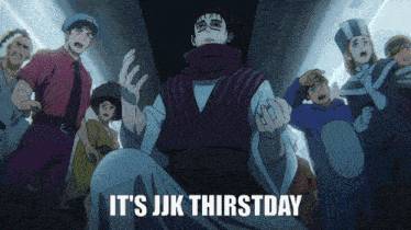 a group of people standing around a man with the words it 's jjk thirstday