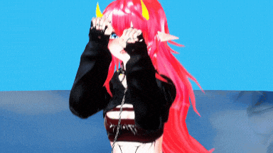 a girl with red hair and horns is covering her eyes