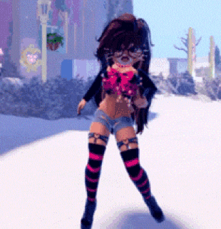a cartoon girl is standing in the snow wearing knee high socks and shorts