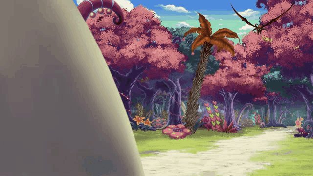a painting of a forest with pink flowers