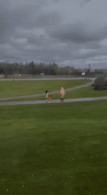 a person in a pink jacket is walking across a grassy field