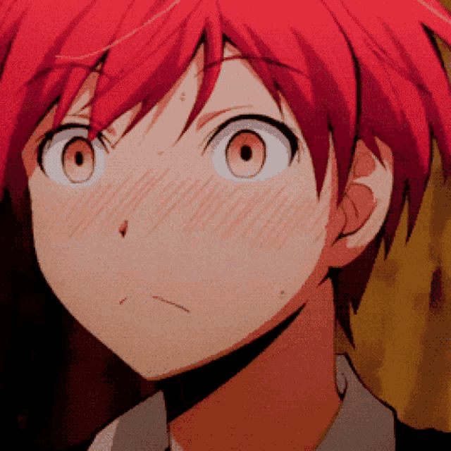 a close up of a person 's face with red hair and white eyes