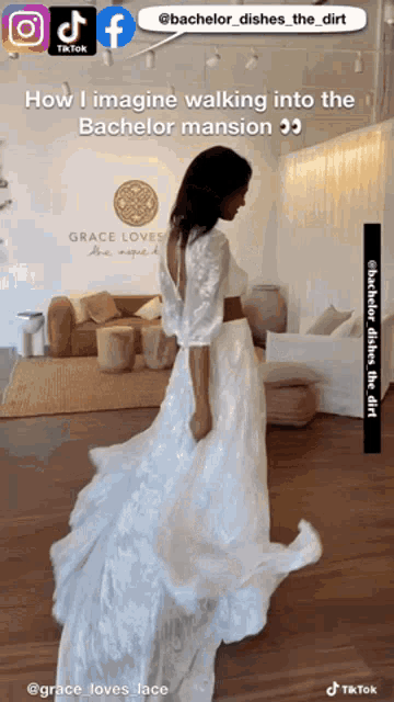 a woman in a white lace dress walking into a bachelor mansion