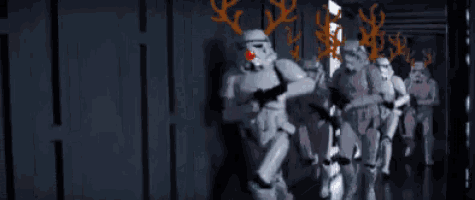 a storm trooper with a red nose and antlers on his head