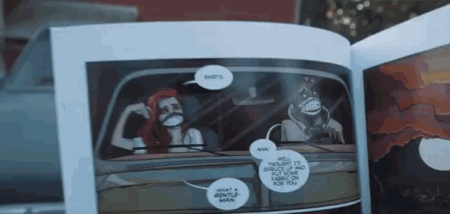 a comic book is open to a page with a woman in a car