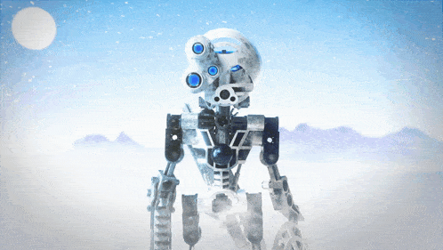 a robot with blue eyes is standing in the snow with mountains in the background