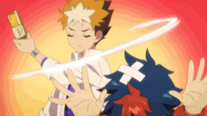 a cartoon of a boy holding a sword and another boy with a cross on his forehead