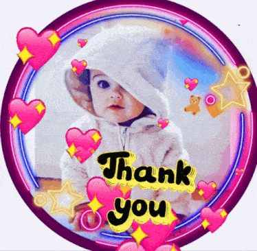 a picture of a baby in a hooded jacket with the words thank you on it