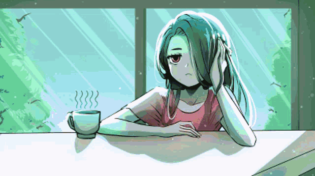 a pixel art drawing of a girl sitting at a table with a cup of coffee in front of her