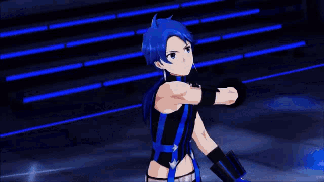a cartoon character with blue hair and a black and blue outfit