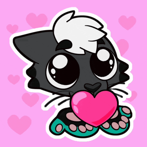 a cat holding a pink heart in its mouth on a pink background