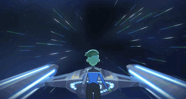 a cartoon character is standing in front of a spaceship
