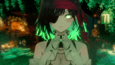a girl with green hair is wearing a bandana around her head