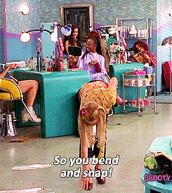 a woman is doing a handstand in a salon with the words so you bend and snap below her