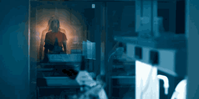 a person in a red shirt is standing in a dark room with a sign that says ' n ' on it