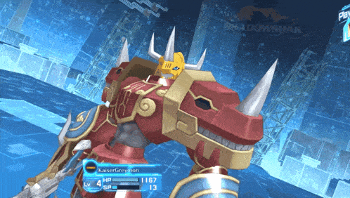 a video game character named kaisergreymon has a lv 4 hp and 13 sp