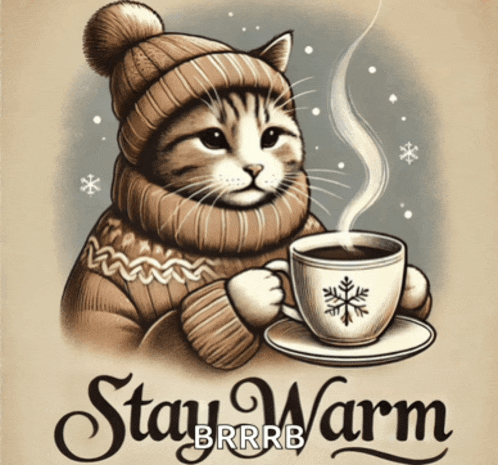 an illustration of a cat wearing a sweater and hat holding a cup of coffee with the words stay warm written below it