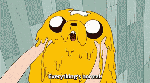 a cartoon character says " everything 's normal " in front of a brick wall