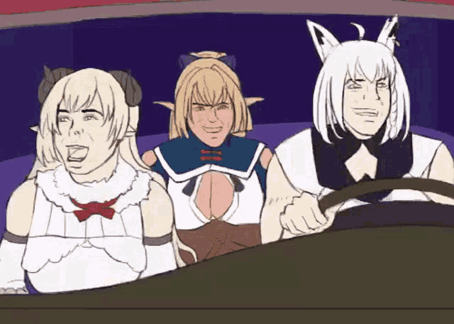 three anime characters are sitting in a car and one of them is driving .