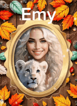 a painting of a woman with a lion cub and the name emy