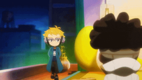 a cartoon character wearing headphones and a shirt that says ' i ' on it